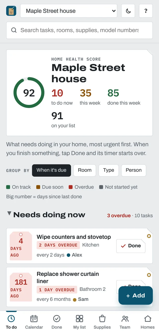 Tagwell's To do list with a home health score of 92 and a few tasks due