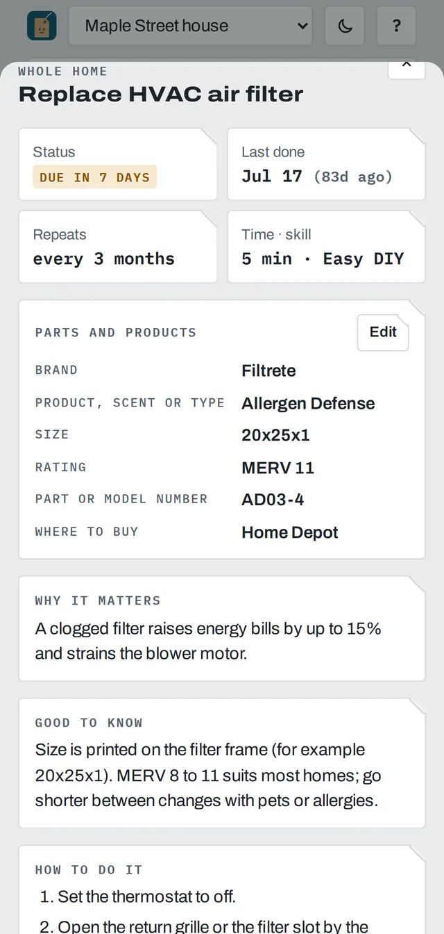 An HVAC filter task in Tagwell with brand, size, MERV rating, part number and where to buy