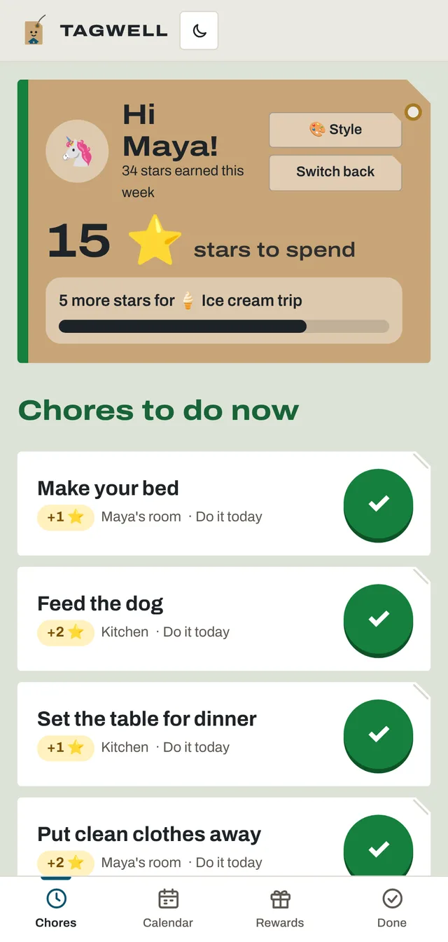 A kid's chore screen in Tagwell: make your bed, feed the dog, set the table, with stars to spend