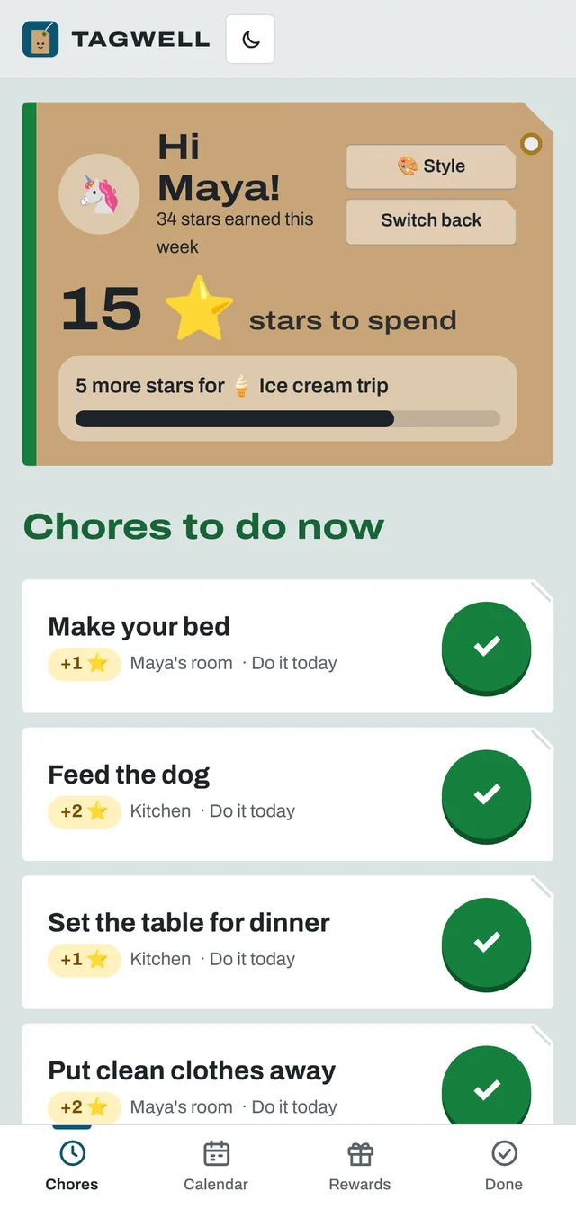 Maya's chore screen: make your bed, feed the dog and set the table, with 15 stars to spend and 5 more for an ice cream trip
