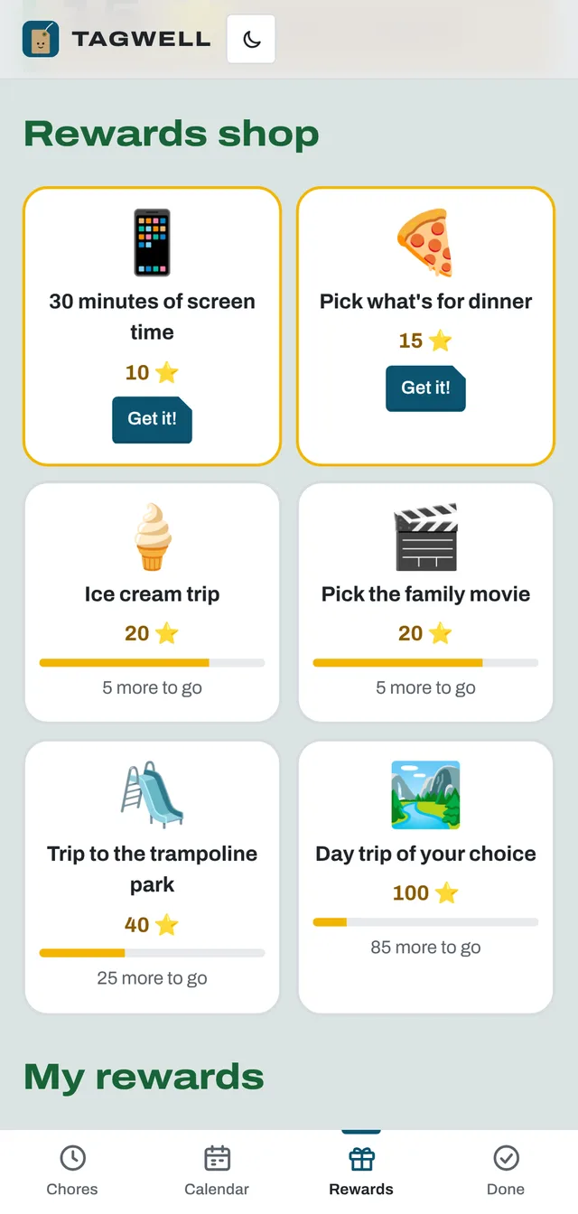 The kids' rewards shop with screen time, pick what's for dinner, ice cream and a family movie night