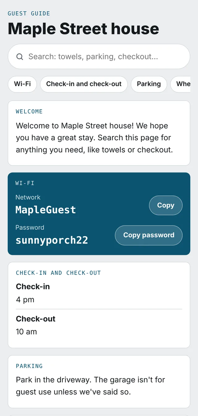 A Tagwell guest guide on a phone with the Wi-Fi password, check-in and parking